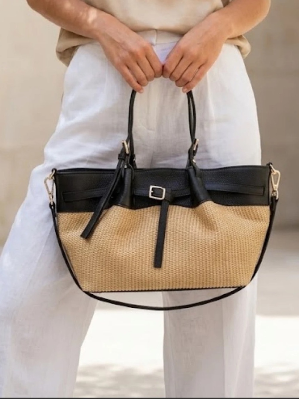 MADE IN ITALY Woven Tote Bag with Black Leather Trim